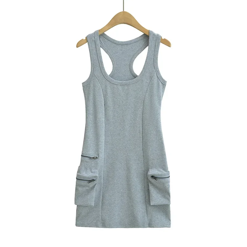Sexy Pure Desire Vest Dress High Waist Bodycon Skirt Women's Fashion Pocket Design Solid Color Sleeveless Gown |