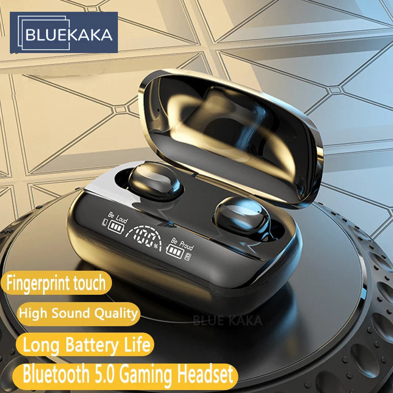 BLUE KAKA-auriculares TWS inalámbricos por Bluetooth 5,2, cascos estéreo táctiles para música con micrófono, pantalla LED, Auriculares deportivos para juegos