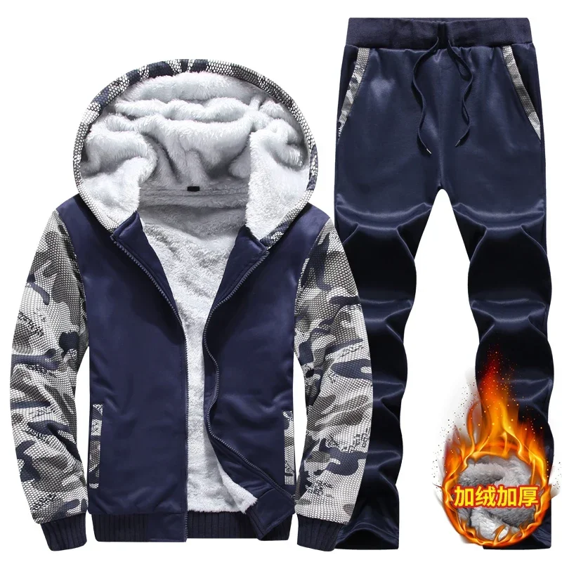 

Fleece Men Winter Set Fashion Casual Tracksuit Thick Sweatshirt+Pants Sportswear Suit Men Winter Warm Hooded Outerwear Suit 4XL