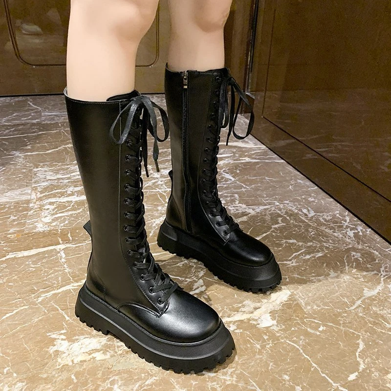 

Women Luxury Mid Calf Boots Lace Up Platform Ladies Fashion Casual Zipper Pu Leather Shoes Woman Female Footwear Non Slip