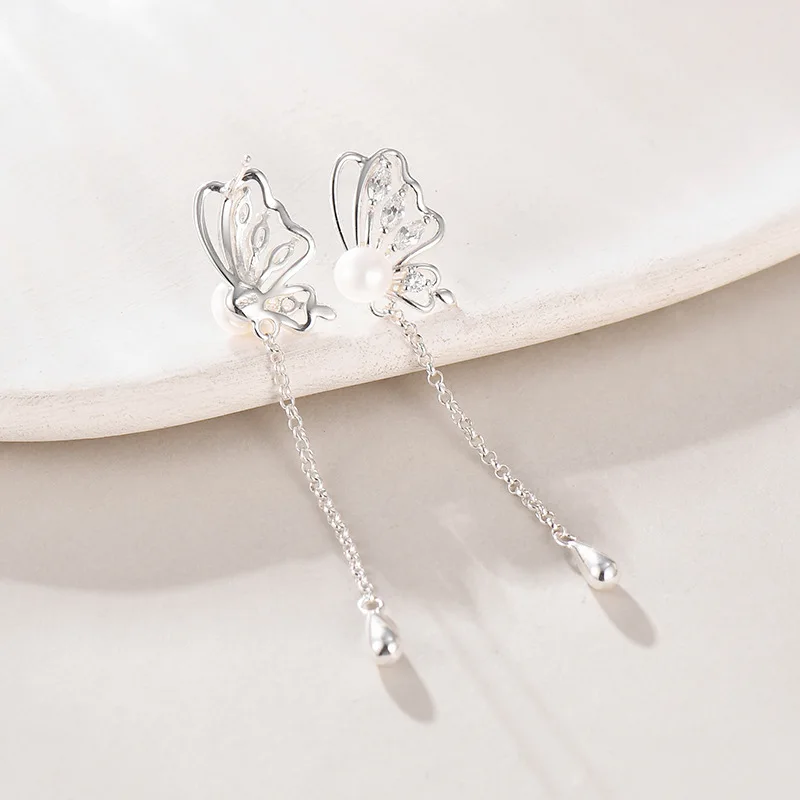 Женские серьги-гвоздики из серебра 925 пробы с длинными подвесками