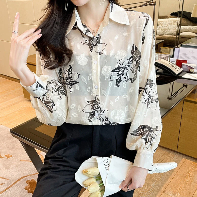 

Spring Flower Print Office Lady Blouse Female Shirt Tops Long Sleeve Casual Korean OL Women Sexy See Through Loose Blouses