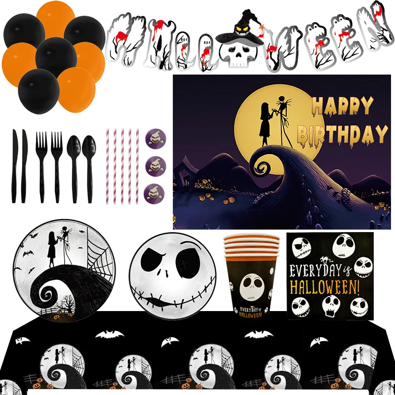 

Cartoon Disney Halloween Horror Skull Theme Birthday Party Supplies Disposable Tableware Set Balloon Background Baby Shower Gift