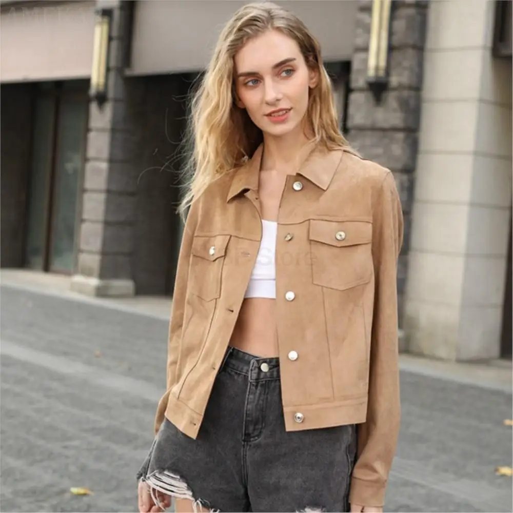 Women Real Suede Fashionable Coat Real Suede Fashion Simple Biker Coat Spring Summer Autumn Pure Color Lapel Classy Jackets Coat
