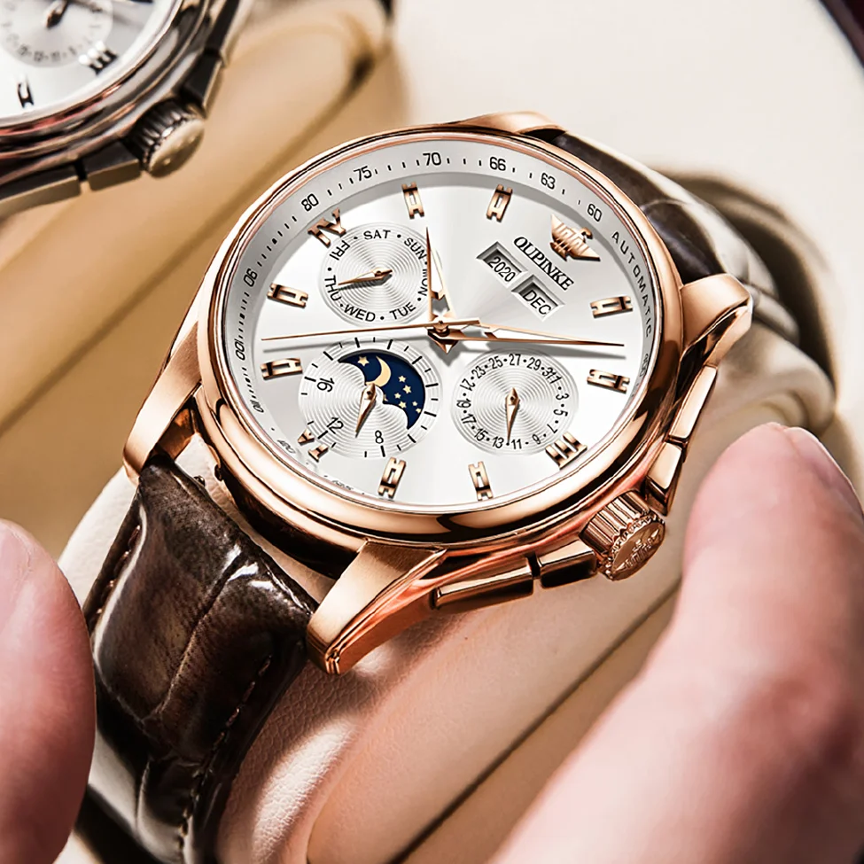 

OUPINKE Men Watch Mechanical Luxury Automatic Watches Leather Sapphire Waterproof Sports Moon Phase Wristwatch Montre homme
