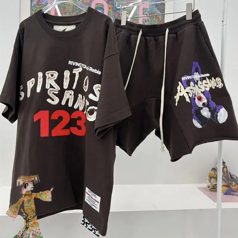 

23SS RRR123 Rabbit Graffiti Shorts Men Women Set Drawstring Five Points Sports Short Pants Suit