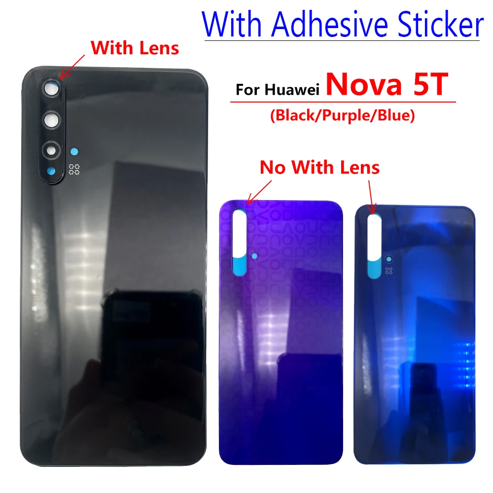 

Back Cover For Huawei Nova 5T Back Glass Housing Door Nova 5T Replacement Rear Battery Cover Case With Camera Lens + Adhesive