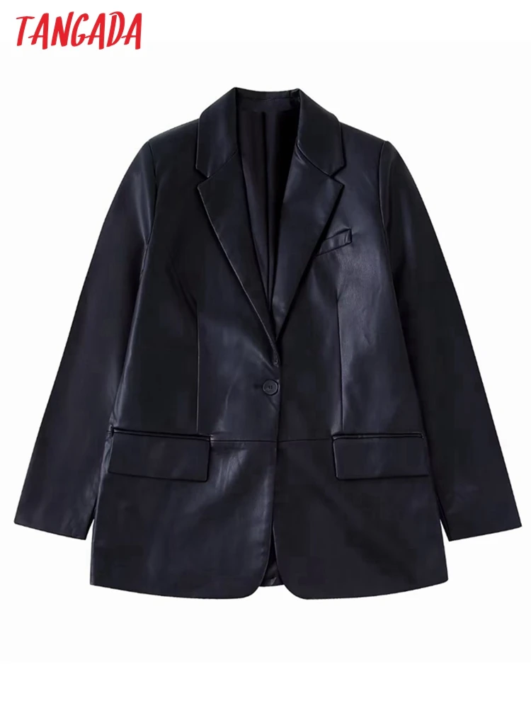 

Tangada Women Fashion 2022 Black Faux Leather Blazer Coat Vintage Long Sleeve Flap Pockets Female Outwear BE213