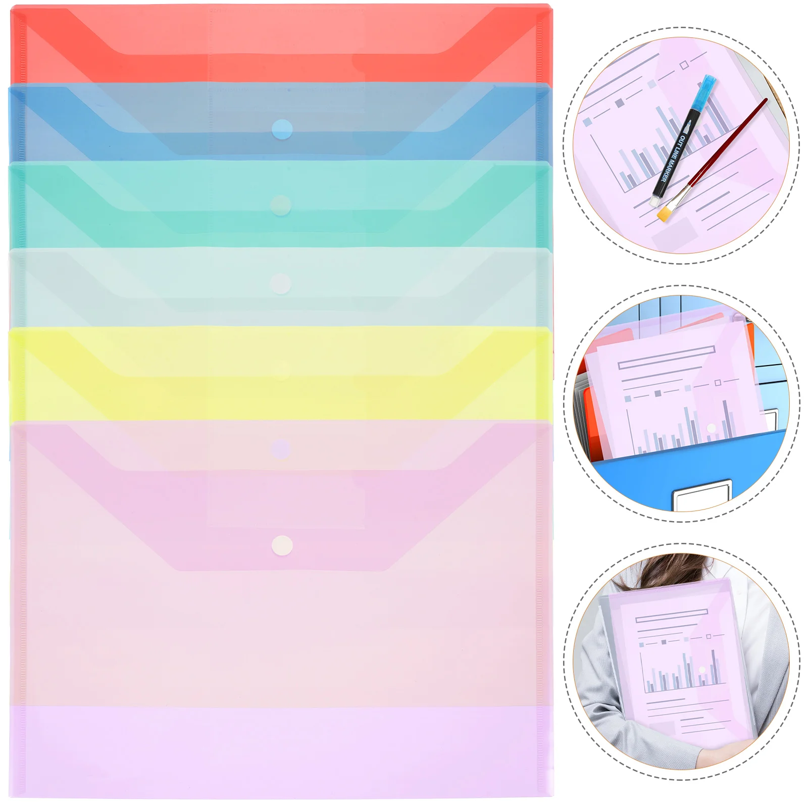 

6 Pcs Snap Button Pouches Color File Folders Transparent Pockets Zipper Document Organizer Holder Bag A4 Clear Bags Student