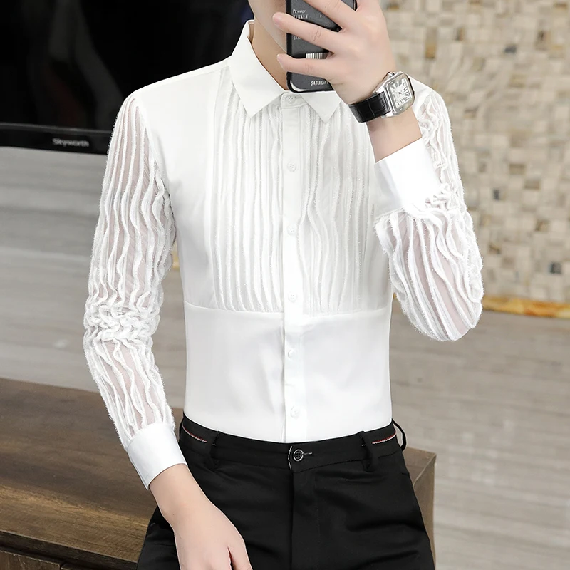 

2022 Autumn Lace Stitching Shirt Men Long Sleeve Handsome Design Streetwear Korean Style Casual Shirts Chic Blouse Camisas W118