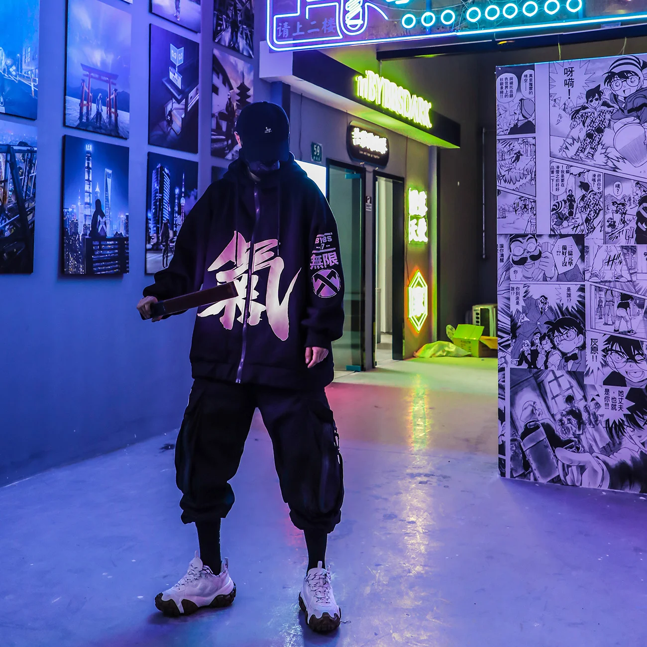 Harajuku Tactical Zipper Hoodie Men Chinese Print Hip Hop Streetwear Sweatshirts Zip Jacket Coat Loose for Spring