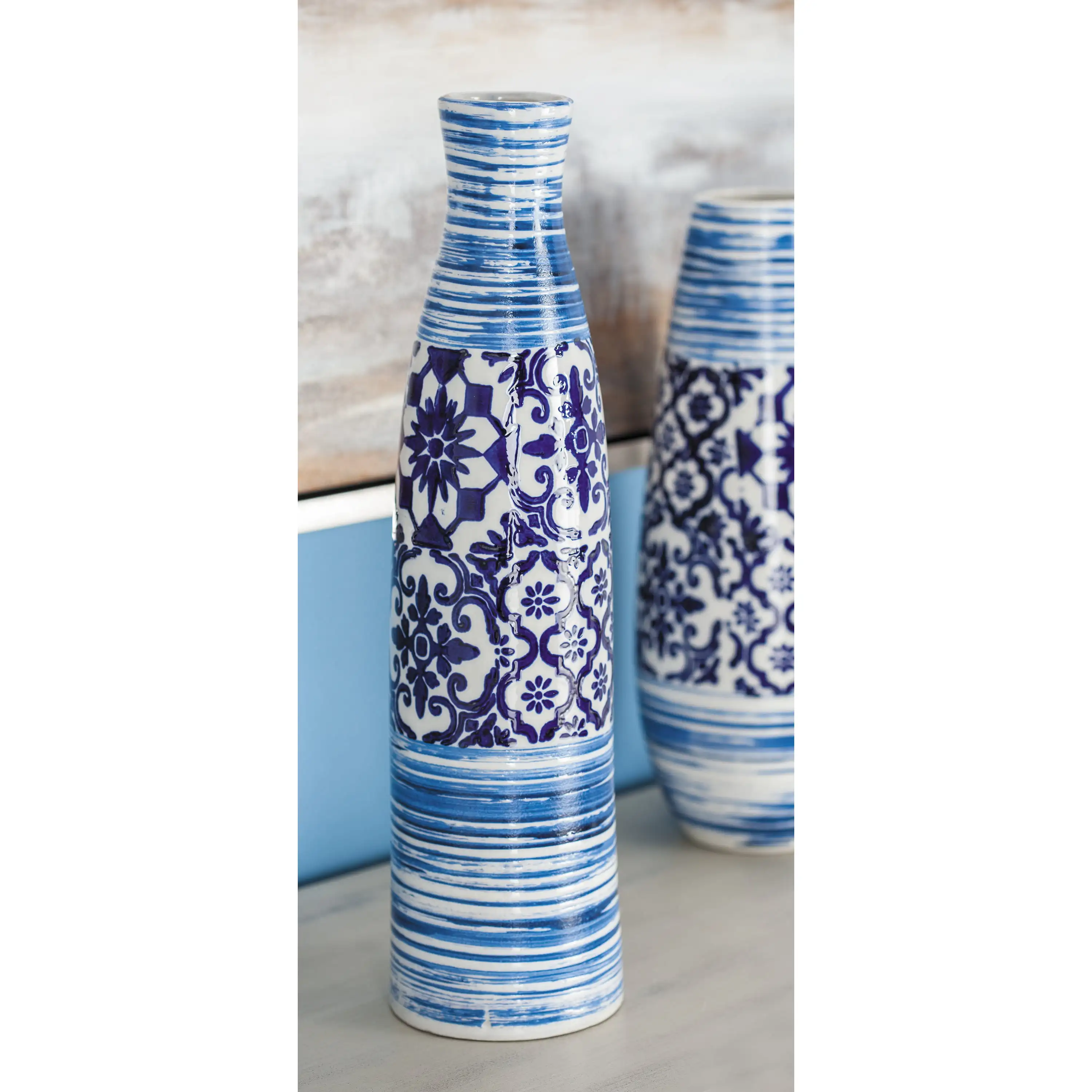 

19" Blue Ceramic Vase with Tile Patterns