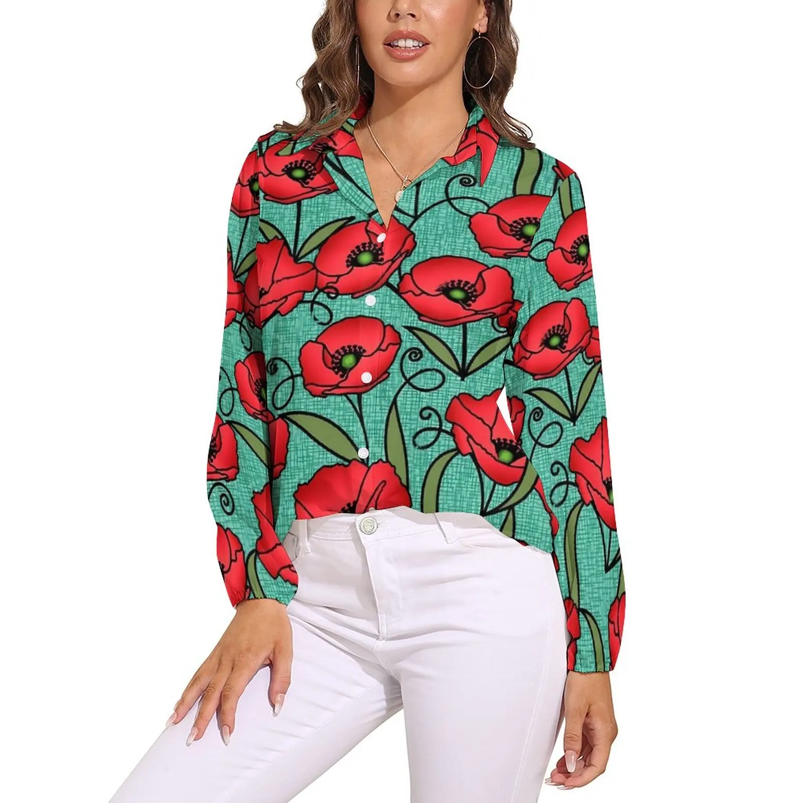 

Aqua Poppy Floral Blouse Red Flower Print Cool Custom Blouses Women Casual Shirt Spring Long-Sleeve Oversized Top