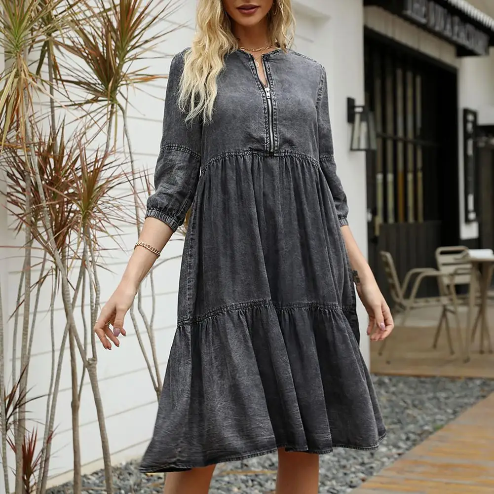 

Stylish Distressed Denim Dress O-Neck Soft Casual Dress Distressed Denim Knee-Length Casual Dress
