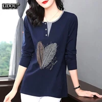 skinny fashion casual spring autumn long sleeved t shirts button o neck comfortable tops wild feather print womens clothing
