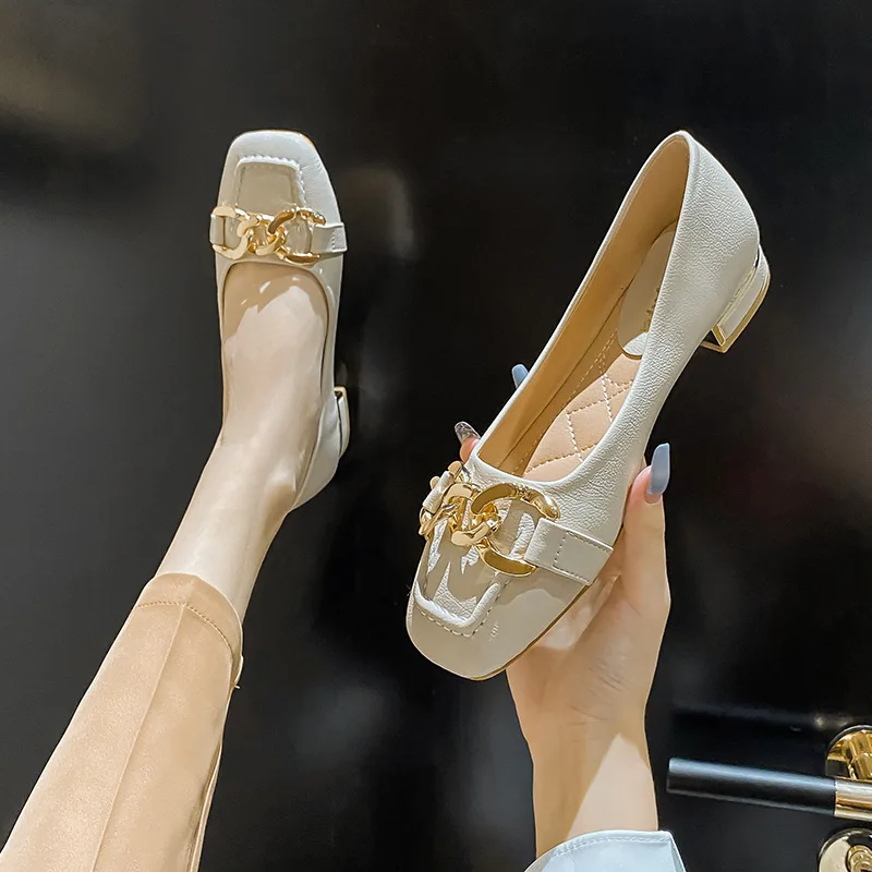 Plus Size 35-43 Women Low Heel Pumps Shoes Metal Buckle Decoration Flats Office Lady Slip on Leaher Loafers Spring Fashion M6-8