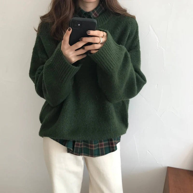 

Make firm offers based loose round neck sweaters qiu dong han edition sentiment retro green plaid shirt