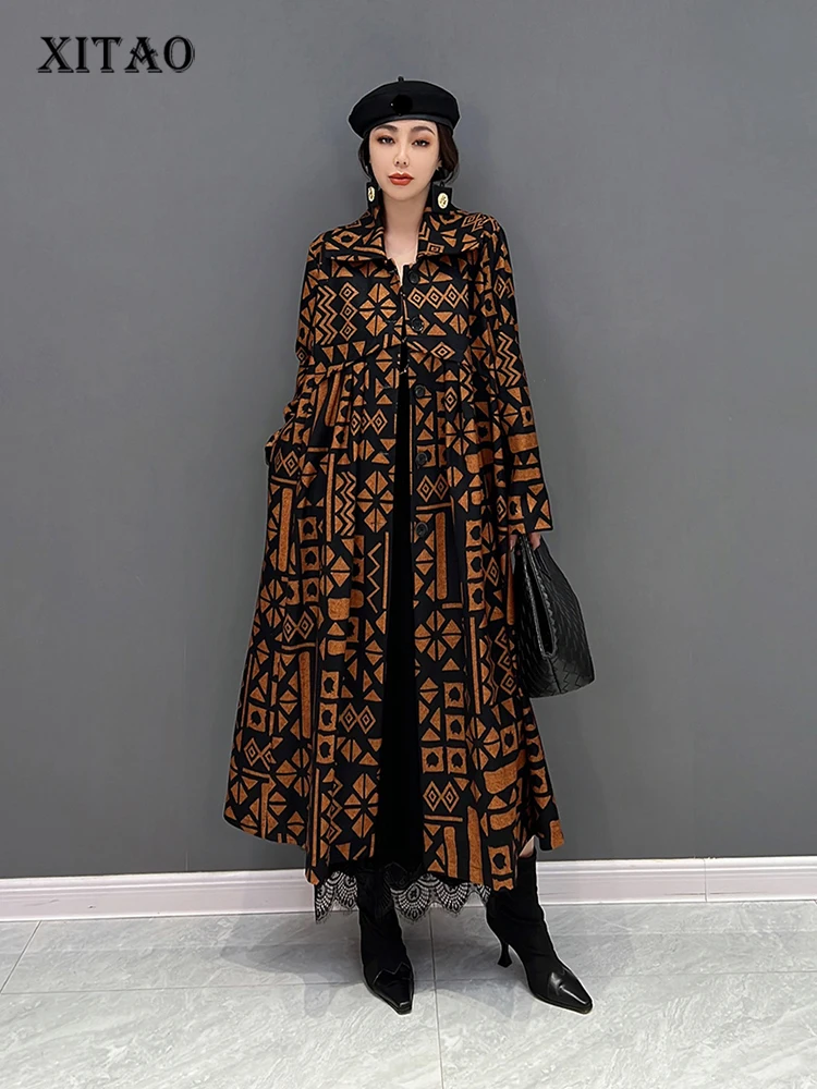 

XITAO Vintage Print Women Trench Loose Fashion Temperament Turn-down Collar Folds Splicing Hem Autumn New Coat WLD13156