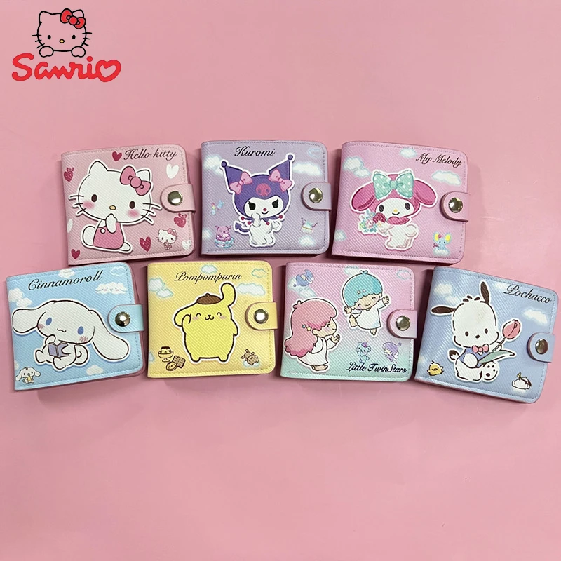 

Sanrio Series Coin Bag Wallet Casual Short Cinnamoroll Kuromi Hello Kitty Pu Leather Wallet with Button Card for Pupils Children