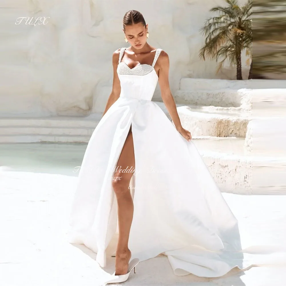 TULX Элегантное милое свадебное платье с бисером на тонких бретельках длинное