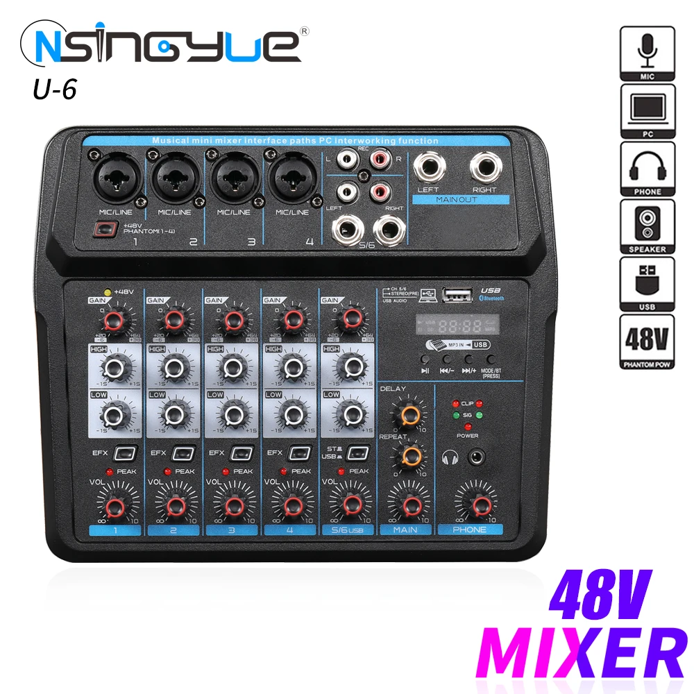 6 Channel Audio Mixer USB Bluetooth Reverb Processor with 48V Phantom Power  for Karaoke Outdoor party,U6 enlarge
