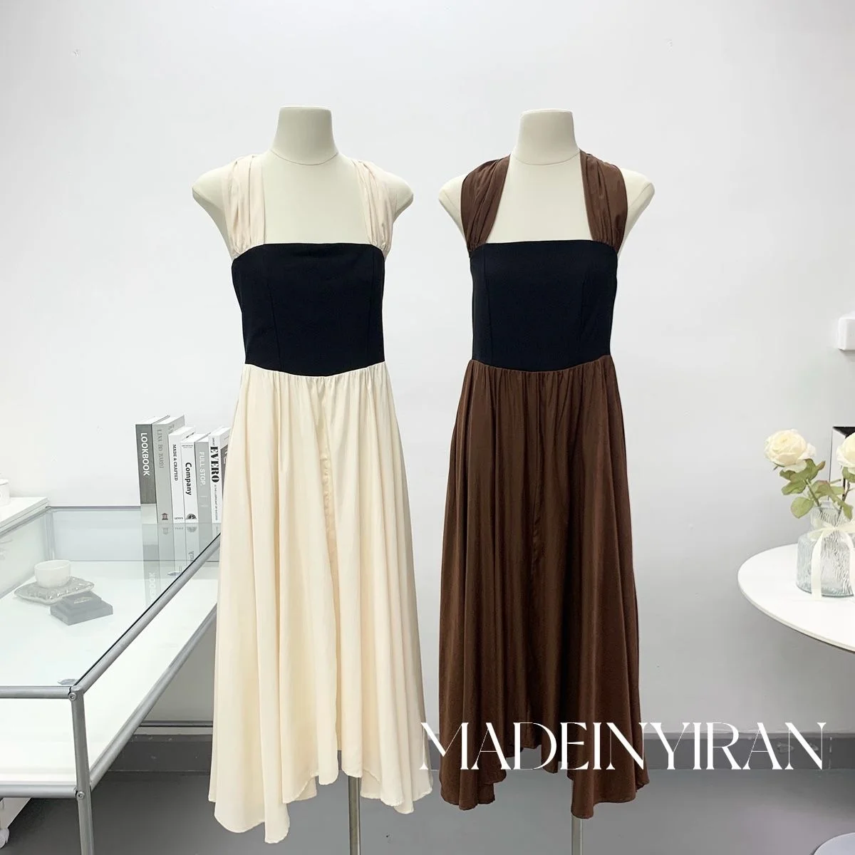 

Square Neck Dress Stitching Contrast Color Thin Design Halter Long Dress