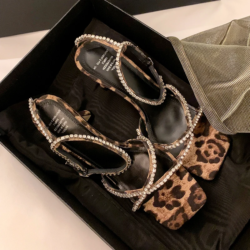 

Summer Sandals High Heels 7cm Buckle Strap Ladies Shoes Sexy Leopard High Heel Shoes Kid Suede Woman Crystals Sandles Size 40