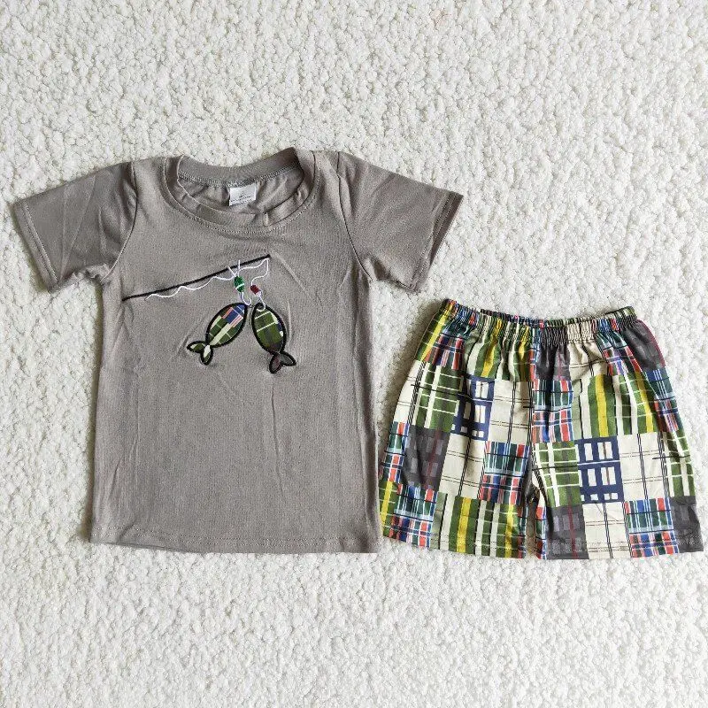 

RTS Fashion Boy Clothes Fishing embroidery Gray Short Sleeves Tee Shirt Boutique Outfits Plaid Shorts Sets Children Wear