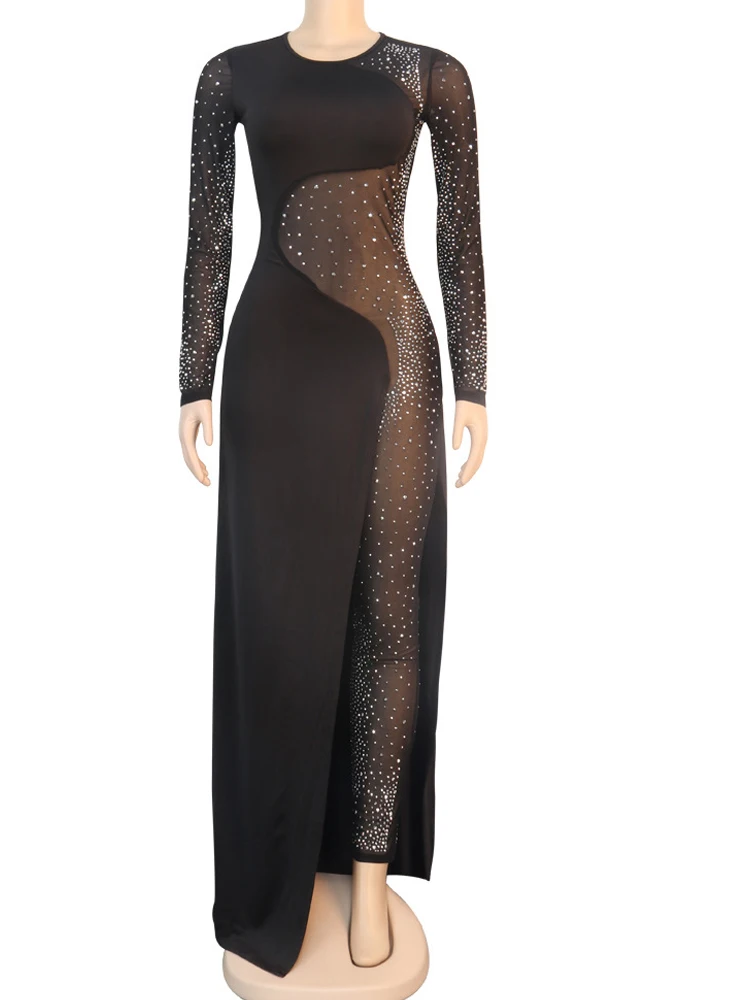 Красивый комбинезон Beyprern с кристаллами (черный) блестящий облегающий сетчатый