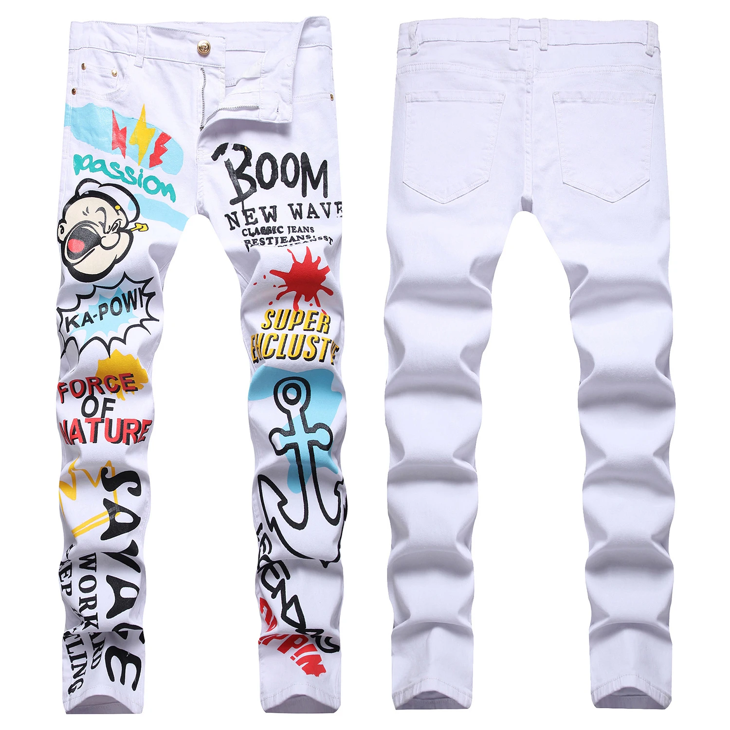

High Quality Men’s Prints White Denim Pants,Slim-fit Stretch Street Fashion Jeans,3D-Colorful Paint Casual Jeans Pants;