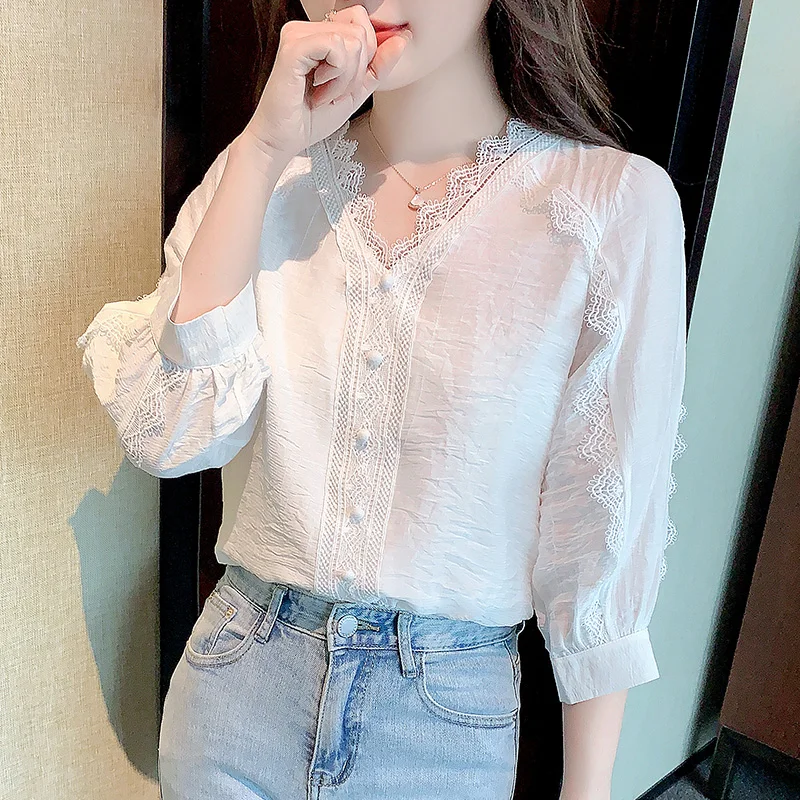 Милая кружевная блузка Элегантные повседневные топы с пышными рукавами весна 2023