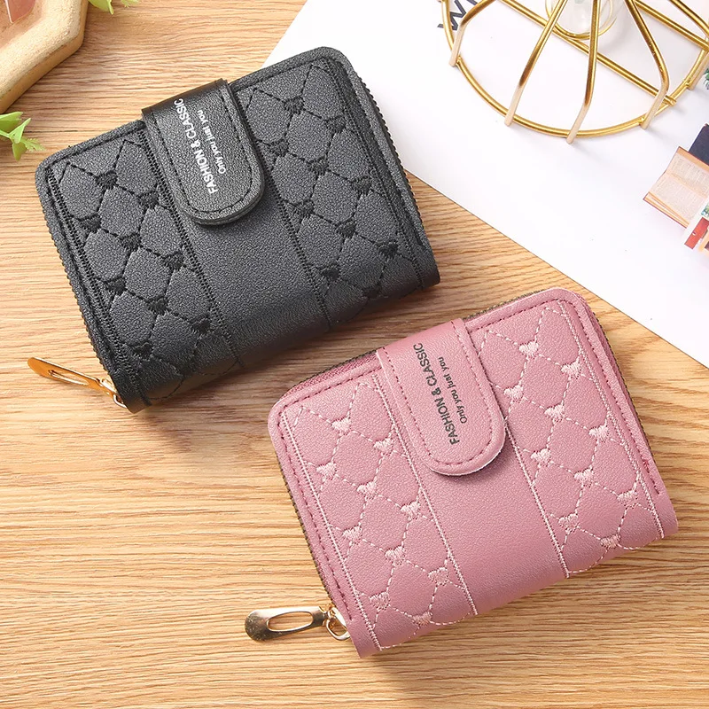 

Wallet Women Purse Female Coin Buckle Heart Clutch For Capacity Bag Embroidered Love Zipper Simple Short Fashion Large Versatile