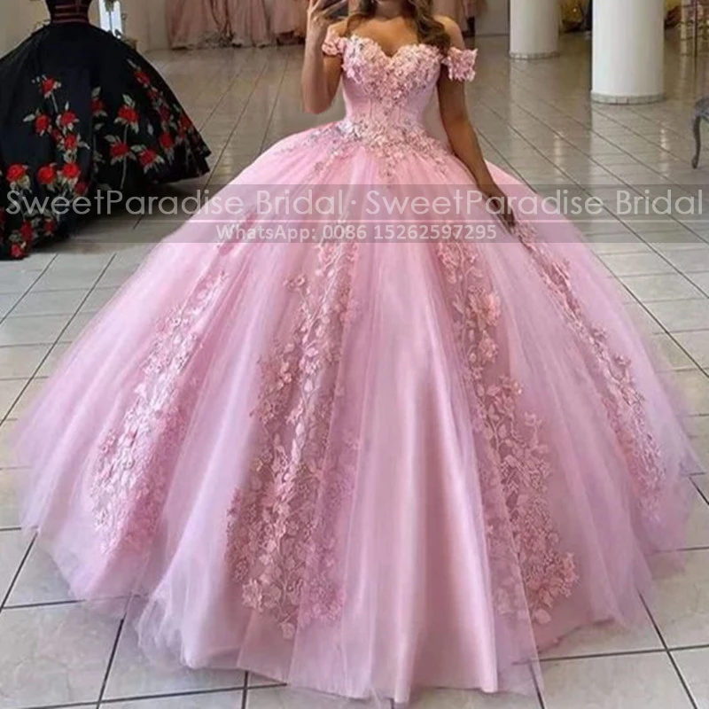 

Шикарное бальное платье с цветочной аппликацией, пышные платья Quinceanera, милое розовое Тюлевое платье с открытыми плечами для 16 девушек, для в...