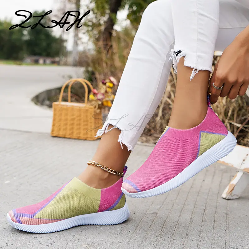 Women Shoes Vulcanized Zapatillas Mujer Knitted Sneakers Women New Flat Shoes Mix Color Vulcanize Shoes Casual Chaussure Femme