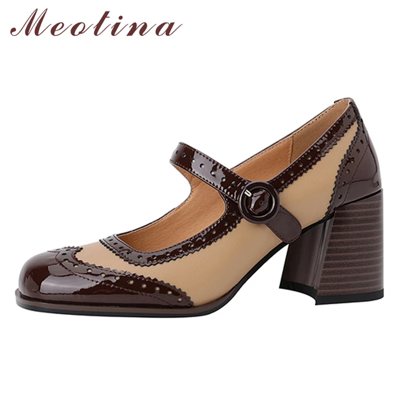 

Meotina Mary Jane Shoes Women Patent Cow Leather High Heel Square Toe Pumps Buckle Thick Heels Footwear Ladies Autumn Brown 40
