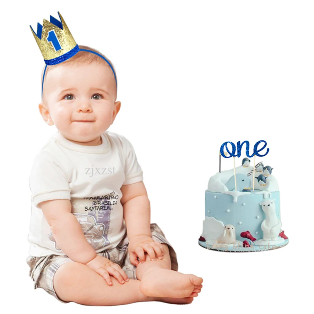 

Blue Baby BOY Birthday Party Felt 1 year old Baby Shower Glitter Hat ONE Glittering Cake Insert Topper Set