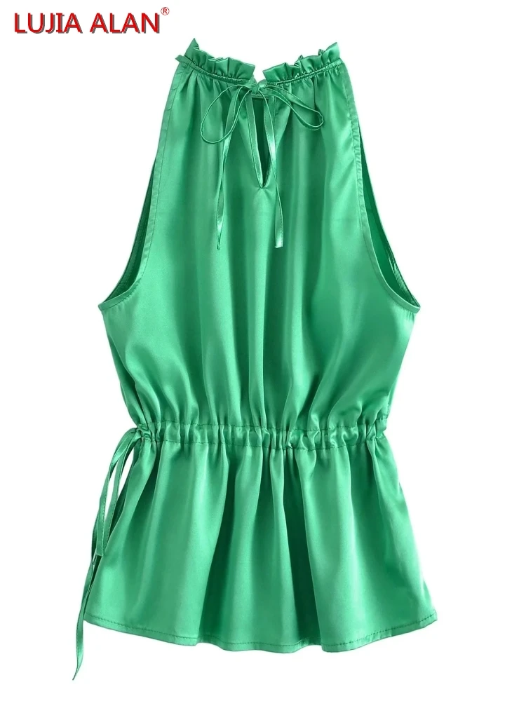 

Women Ruffled Collar Halter Vest Blouse Summer Female Solid Satin Shirt Smock Loose Tops Elegant Streetwear LUJIA ALAN B257