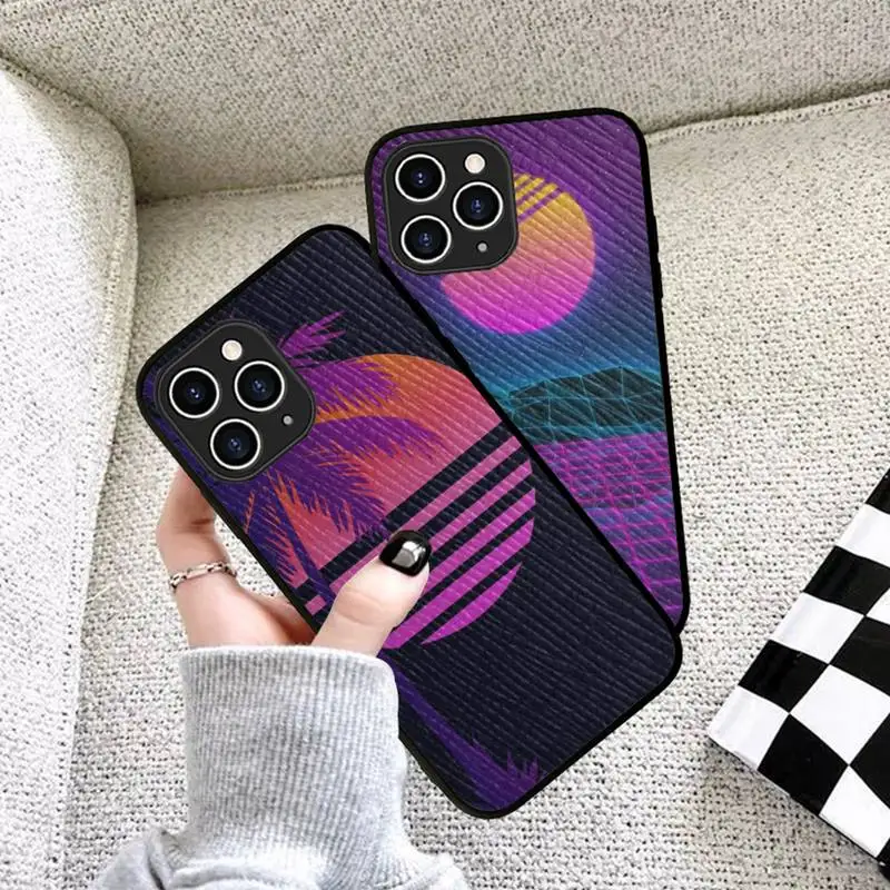 

FHNBLJ Synthwave Retro 80s Neon colorful Phone Case Hard Leather Case for iPhone 11 12 13 Mini Pro Max 8 7 Plus SE 2020 X XR XS