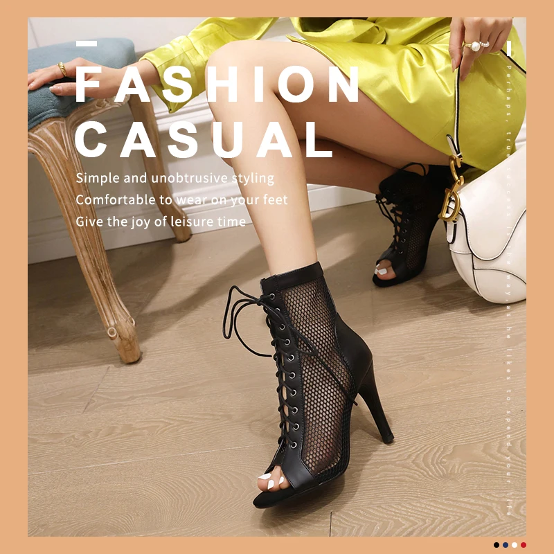 

Women Summer Breathable Mesh Boots Fashion Peep Toe Ankle Boots High Heels Lace Up Grid Shoes Ladies Sexy The Grid Female Boots