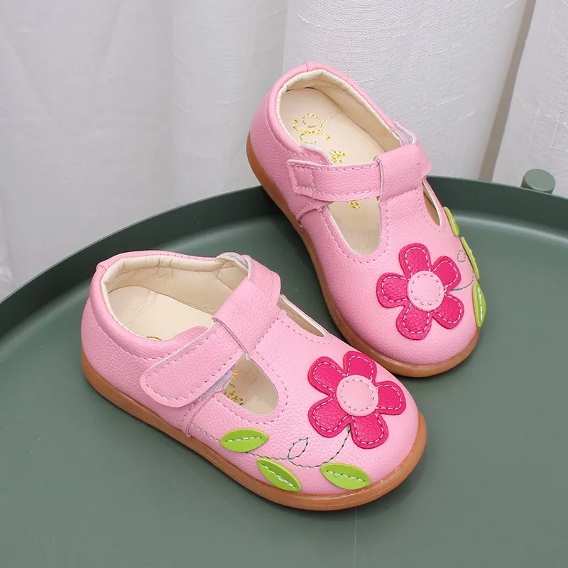 Girl's Mary Janes T-strap Flower Lovely Toddler Flat Shoes Girl Daily Pu Pink White 21-30 Classic Spring Children Leather Shoes enlarge