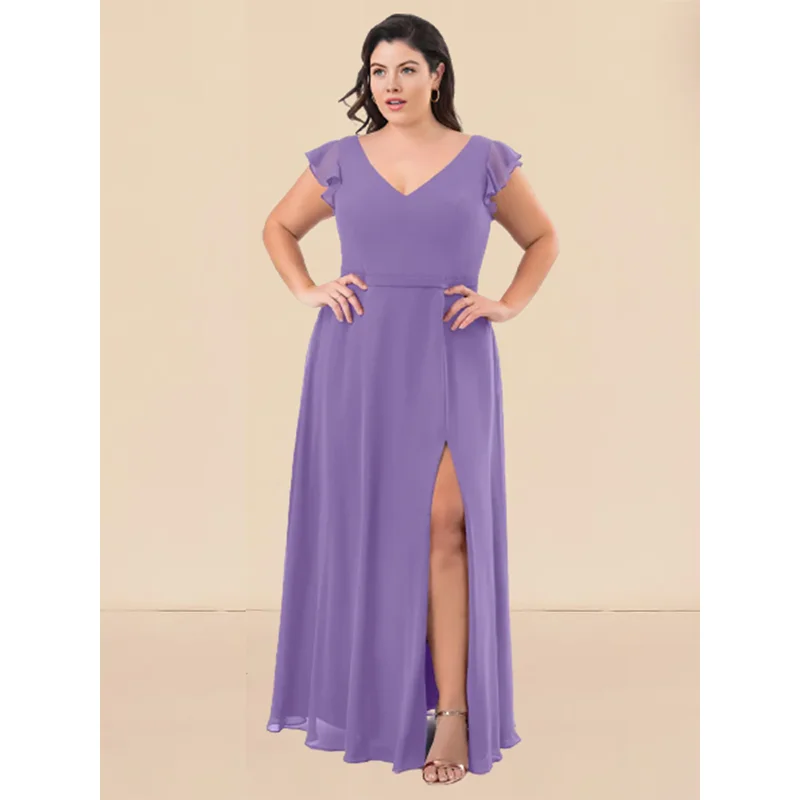 

Plus Size V Neck Ruffle Sleeves Chiffon Slit Evening Dress 4XL5XL Fit Elegant Big Size Prom Women's Evening Dresses