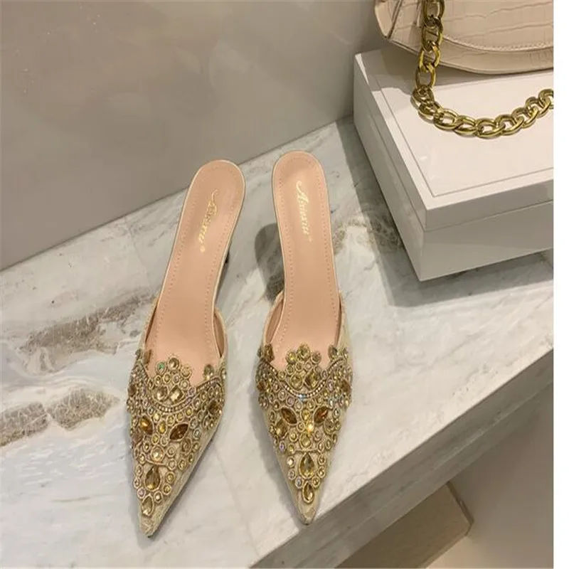 2023 NEW Spring/Autumn Fashion Women Pointed Toe Pumps PU Thin Heels Retro Appliques Mules Polka Dot Party Slip-On Black