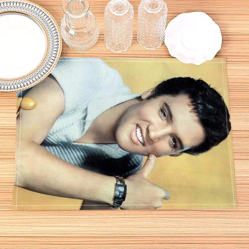 

Home Decor Elvis Presley Print Linen Dining Table Mats Alphabet Kitchen Placemat 30X40cm Coasters Pads Bowl Cup Mat