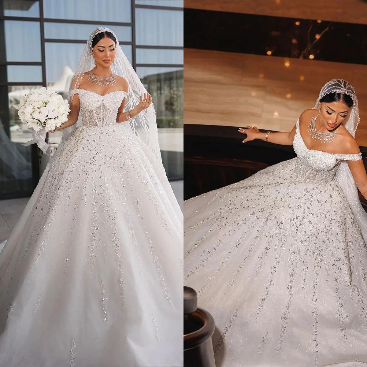 

Fashion A line Wedding Dresses Off The Shoulder Dresses Sweep Floor Sequined vestidos de novia Custom Made