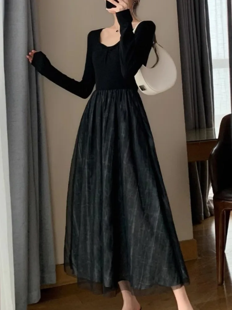 

Elegant Chic Fashion New Midi Black Dress Women Autumn Casual A-Line Vintage Party Prom Dresses Female Slim Vestidos Clothings