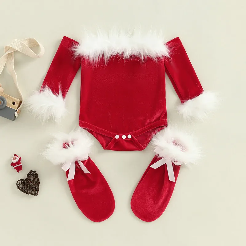 

Рождественская одежда для маленьких девочек, боди для новорожденных, комбинезоны с открытыми плечами и мультяшным рисунком, гетры, одежда д...