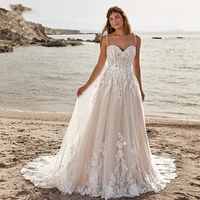 elegant wedding dress beach sleeveless spaghetti straps exquisite appliques buttons a line mopping vestido de novia women