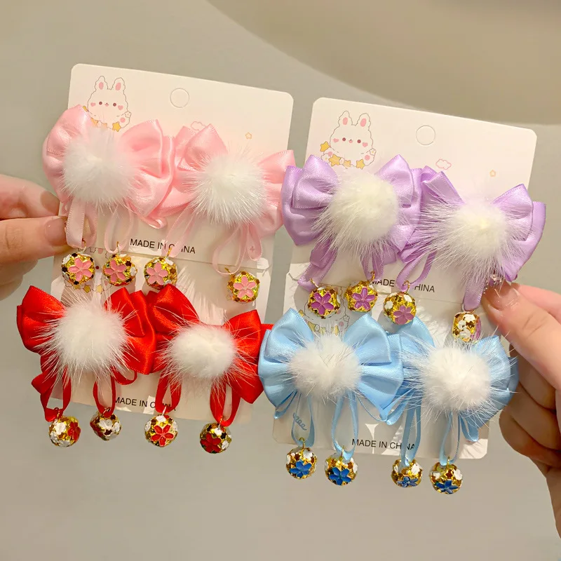 

2PCS Ancient Style Fur Ball Tassel Bell Pendant Bow Hair Clips Lovely Gilr Hairpins Hair Accessories Barrettes For Kid Headdress