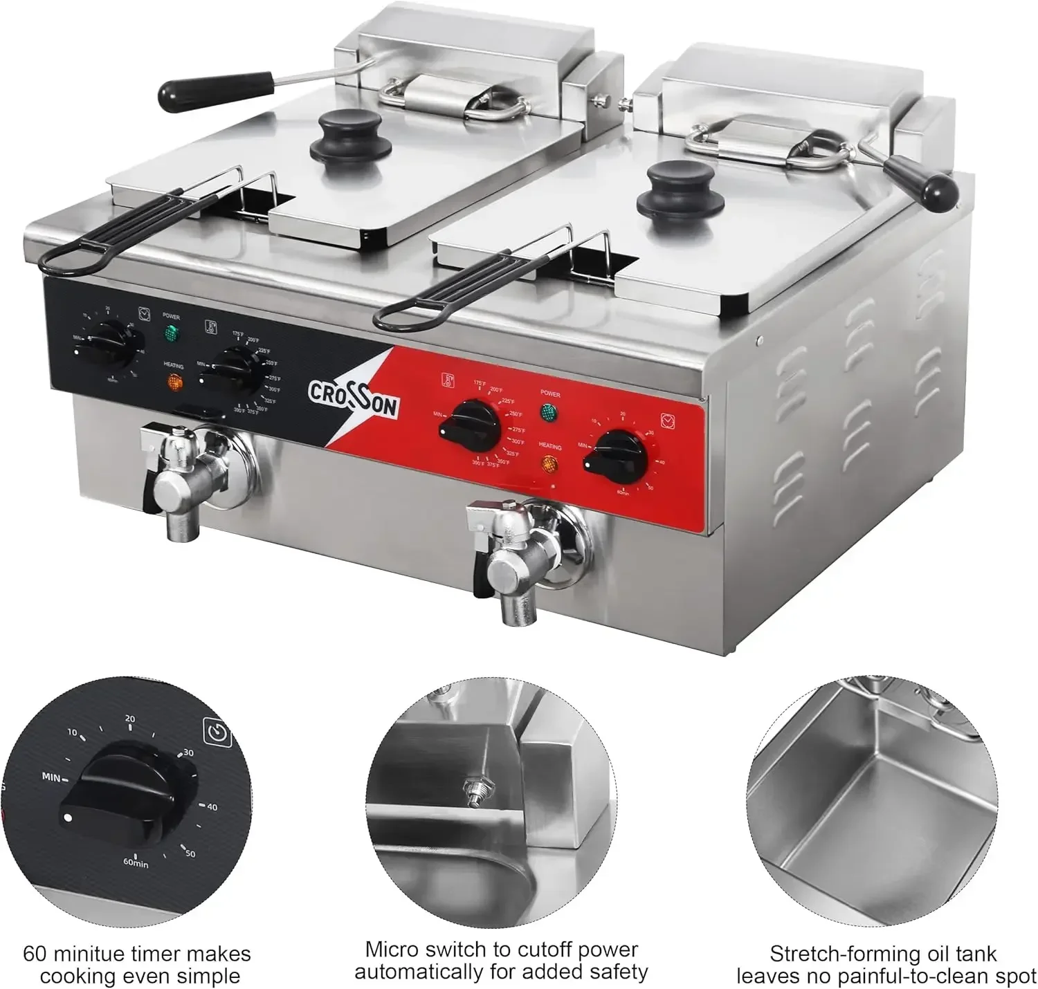 CROSSON 12L Настольная электрическая фритюрница с двойным баком со сливом твердой