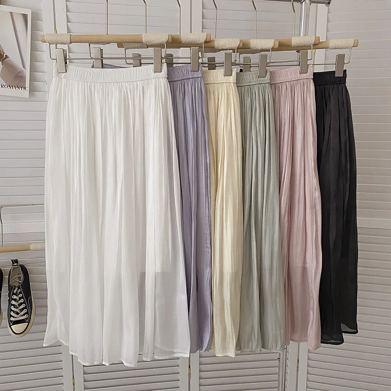 

TFETTERS Solid Color Chiffon Pleated Skirt Women 2023 Summer New Korean Casual Slim Joker Elastic High Waist Mid-length Skirt